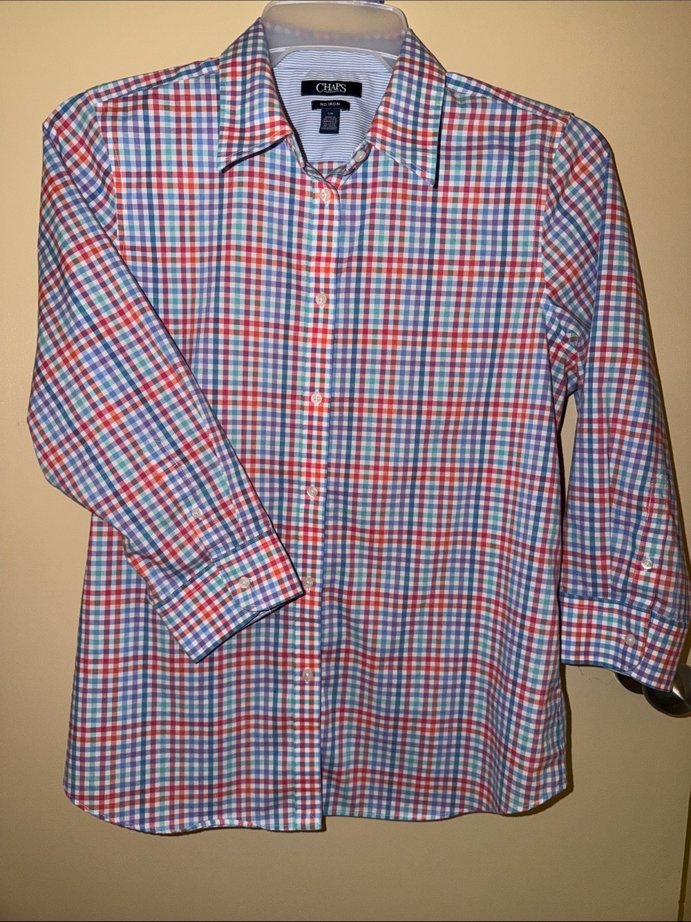 Chaps Women’s Bright Pastels Gingham 3/4 Length Sleeve Button-Down Shirt